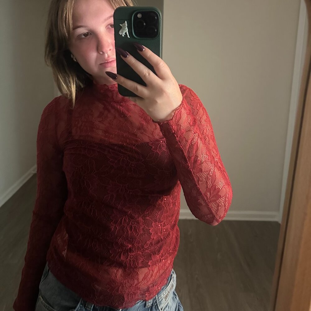 Anthropologie Red Lace Long-sleeve